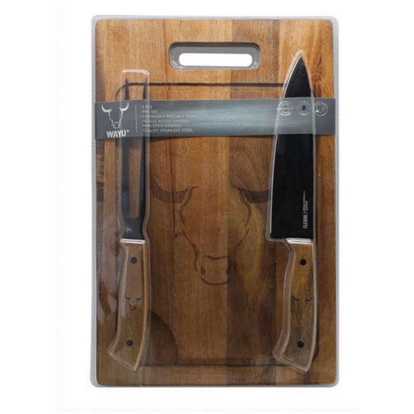 Set parrillero cuchillo tenedor y tabla (1) Set Parrillero Wayu Tabla Cuchillo Pincho