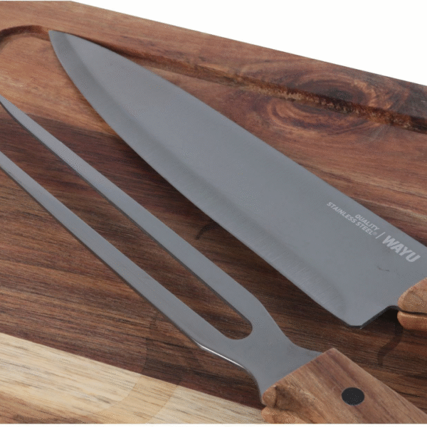 Set parrillero cuchillo tenedor y tabla (2) Set Parrillero Wayu Tabla Cuchillo Pincho