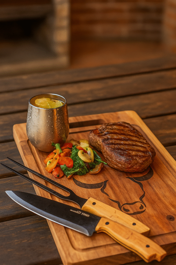 set parrillero cuchillo, tabla y tenedor Set Parrillero Wayu Tabla Cuchillo Pincho